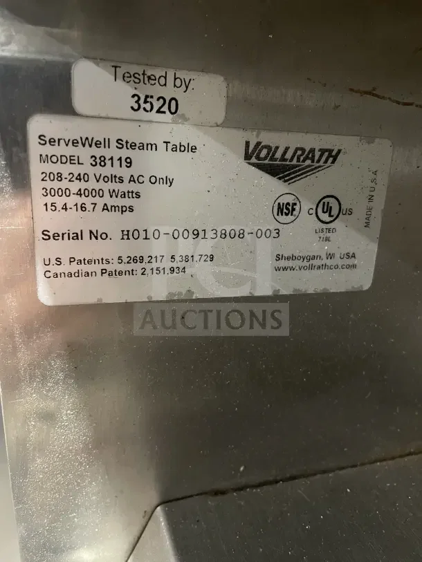 Vollrath ServeWell 5-Well Electric Hot Food Table, Model 38119, 208-240V, stainless steel, UL and NSF certified.
