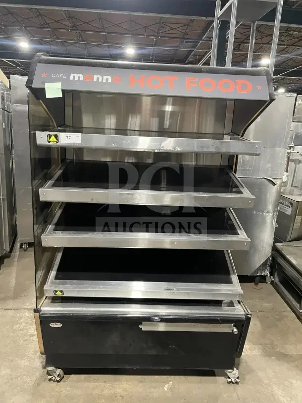 Alto-Shaam HSM-48/5S heated food merchandiser, 48" upright, 5 shelves, on casters, model HSM485S, Cafe Manna branding.