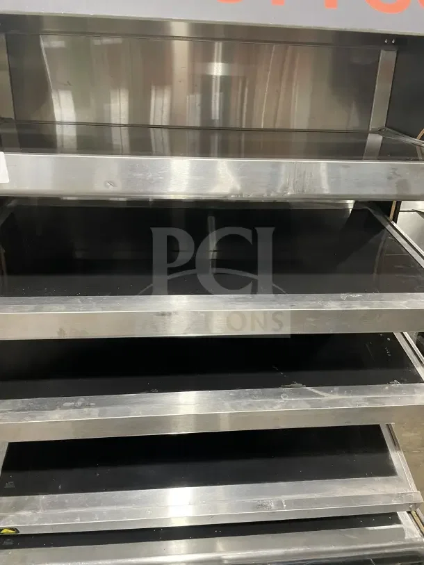 Alto-Shaam 48" upright heated merchandiser, model HSM485S, 5 shelves, on casters, used condition, 208-240V, 1 phase.
