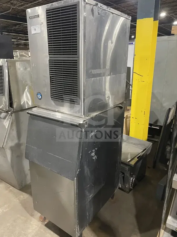 Hoshizaki commercial ice machine, stainless steel, modular with storage bin and legs, visible wear, item label "#78".