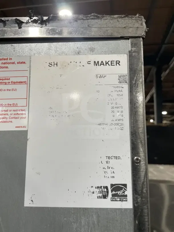 Hoshizaki stainless steel commercial ice machine with storage bin. Features Energy Star label. Some exterior wear.
