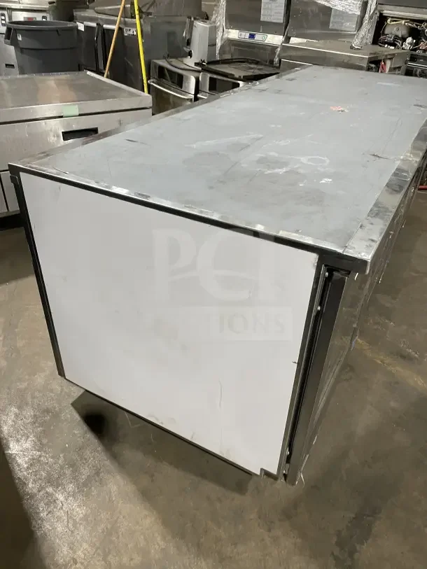Commercial stainless steel 3 glass door gastronorm bench fridge on casters, model RF CSY0702, in usable condition.