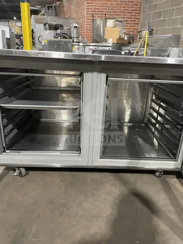 Commercial stainless steel 3 glass door Gastronorm bench fridge on casters, Model RF CSY0702, in good condition.