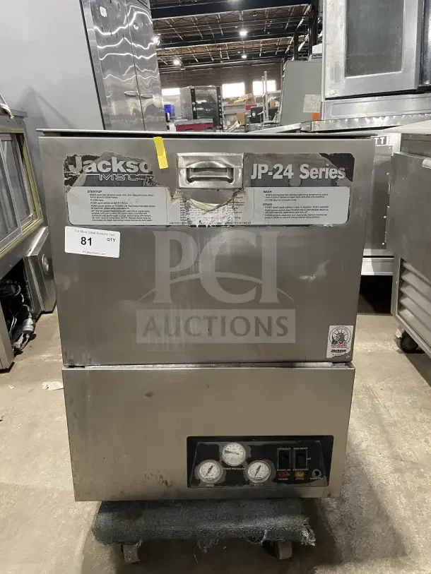 Jackson JP24b JP24BF stainless steel undercounter dishwasher, includes poly dish rack, model details and labels visible.