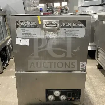 Jackson JP24b JP24BF stainless steel undercounter dishwasher, includes poly dish rack, model details and labels visible.