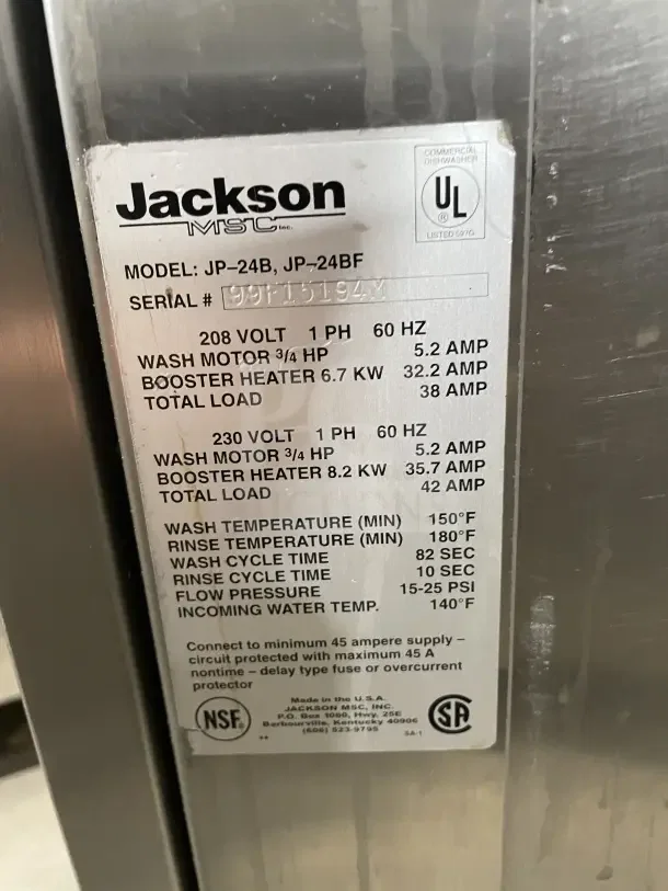 Jackson JP24b JP24BF commercial undercounter dishwasher with poly dish rack, stainless steel. Model: JP24b JP24BF, SN: 99F15194M.