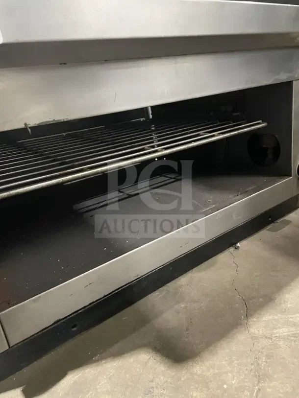 Cecilware stainless steel countertop gas griddle and cheese melter, overfire broiler, in good condition, visible grates.