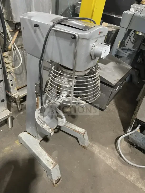 Omcan Commercial 30-Quart Planetary Floor Mixer, metallic finish, used condition with visible wear, model tag on side.