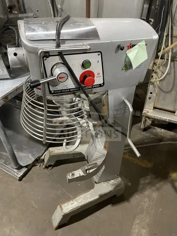 Omcan 30-quart planetary floor mixer, commercial grade, stainless steel, control panel with speed settings, used condition.