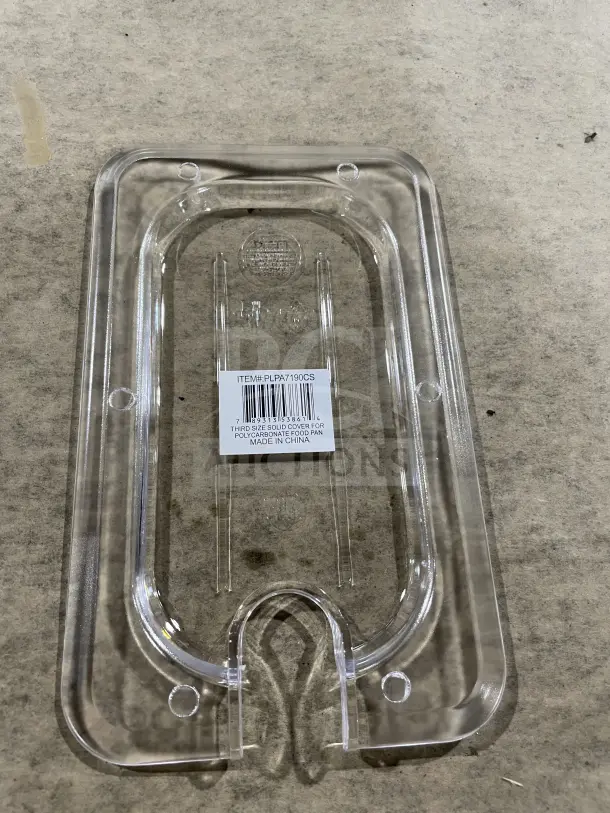 Clear Thunder Group polycarbonate notched food pan cover, brand new. Label shows item# PLPA7190CS, third size. Made in China.