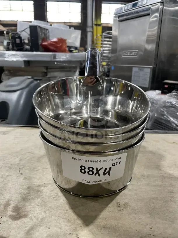 New commercial stainless steel high-capacity flat-bottom utility scoops. Shiny finish, new condition, labeled "88XU QTY."