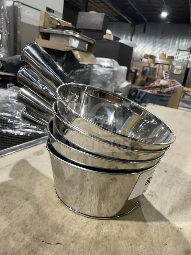 New commercial stainless steel flat-bottom utility scoops, high-capacity, unused, set of four, with visible auction label.