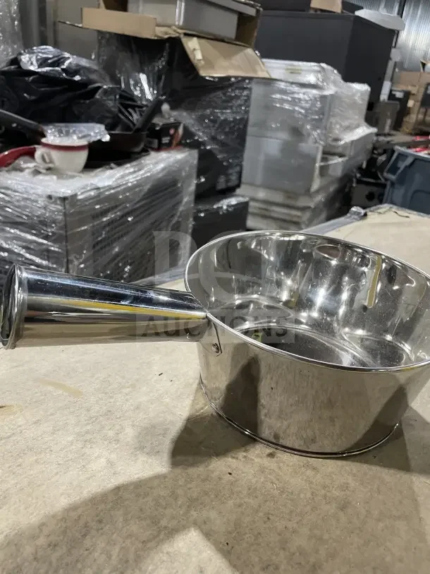 Stainless steel flat-bottom utility scoop; commercial grade, high-capacity, new condition, reflective finish.