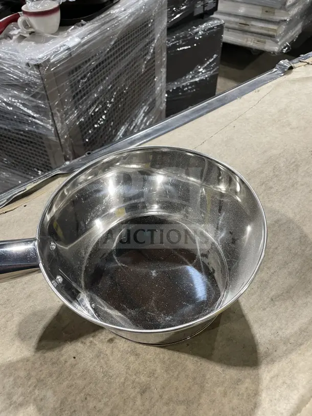 New commercial stainless steel high-capacity flat-bottom utility scoop, new condition, shiny and durable.