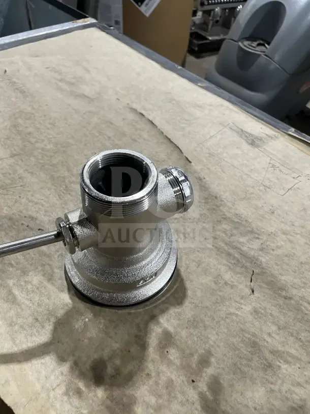 T&S Commercial Lever Handle Waste Drain Valve, brand new, silver finish, threaded connections, durable metal construction.