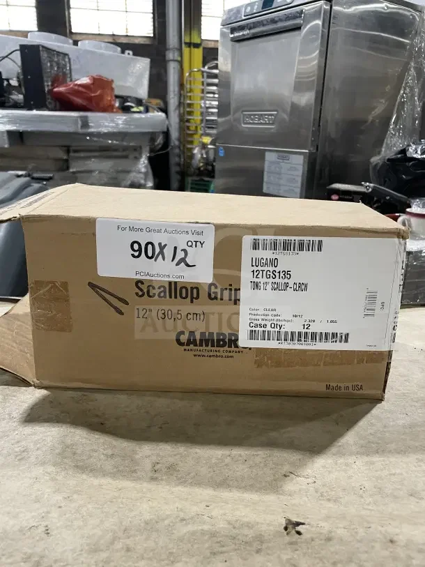 Cambro Lugano 12" clear polycarbonate scallop grip tongs in box, case of 12, new condition, packaging labeled with details.