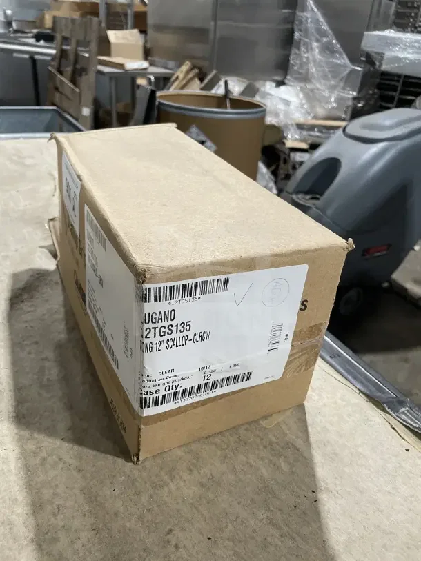 Box of Cambro Lugano 12" clear polycarbonate scallop grip tongs, commercial grade, 12 count, new condition.