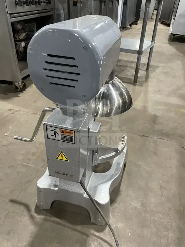 Black Diamond BDPM-20 electric mixer, 20 Qt., stainless steel bowl guard, 120V, 1 phase, on legs, visible safety labels.