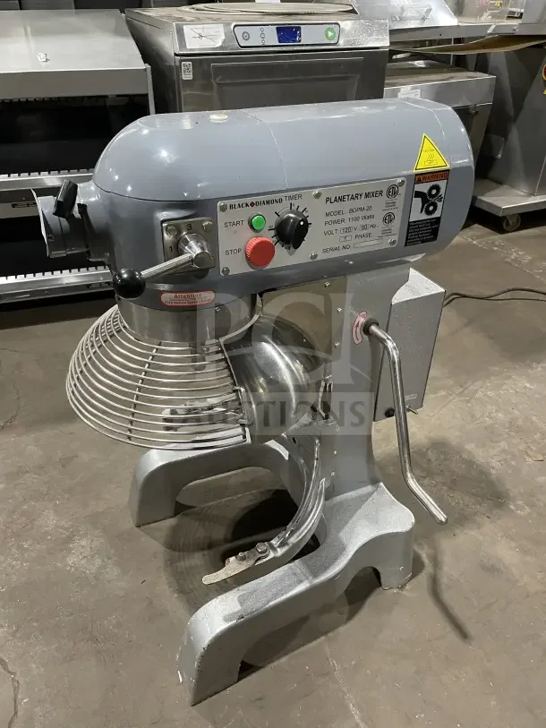 Black Diamond BDPM-20 mixer with 20 Qt. stainless steel bowl guard, 120V, 1 phase, on legs, SN: 2209025.