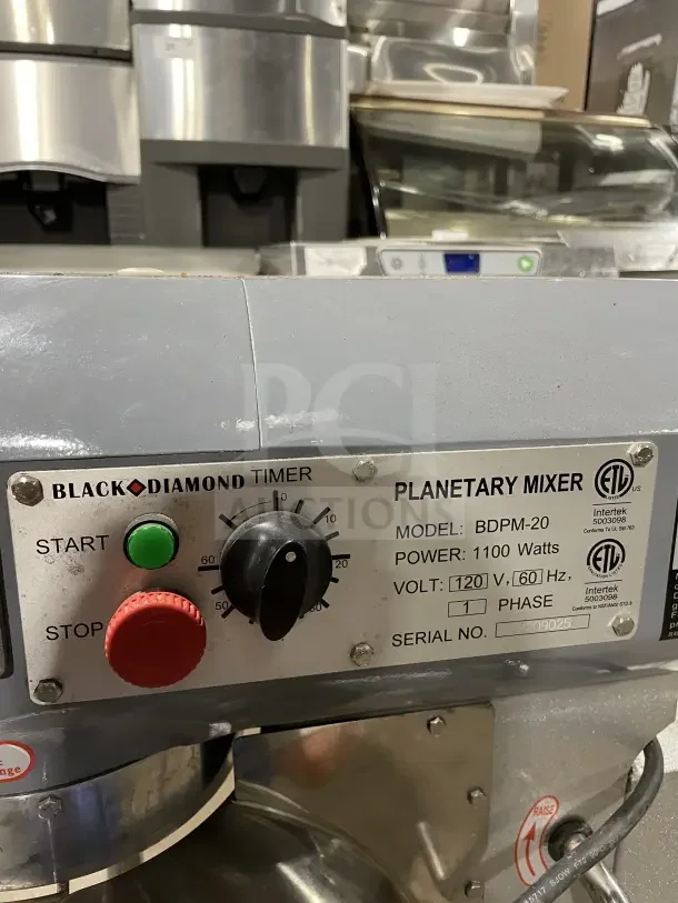 Black Diamond BDPM-20 planetary mixer, 20 Qt, with stainless steel bowl guard, 120V, 1 phase, on legs, SN: 2209025.