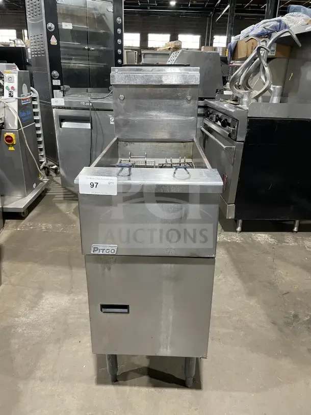 Pitco commercial stainless steel 40 lb. deep fat fryer, natural gas, model SFSG14 JS, with backsplash, basket hanger, and fry basket.