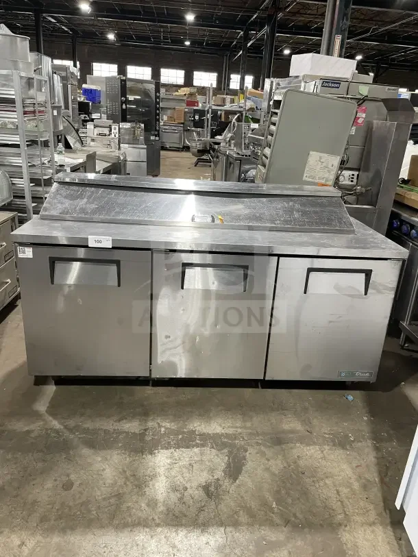 True commercial stainless steel 3-door refrigerated 72" salad/sandwich prep table, model SSU-72-08 S, SN: 9463644, 115V 1 Phase.