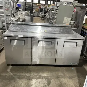 True commercial stainless steel 3-door refrigerated 72" salad/sandwich prep table, model SSU-72-08 S, SN: 9463644, 115V 1 Phase.