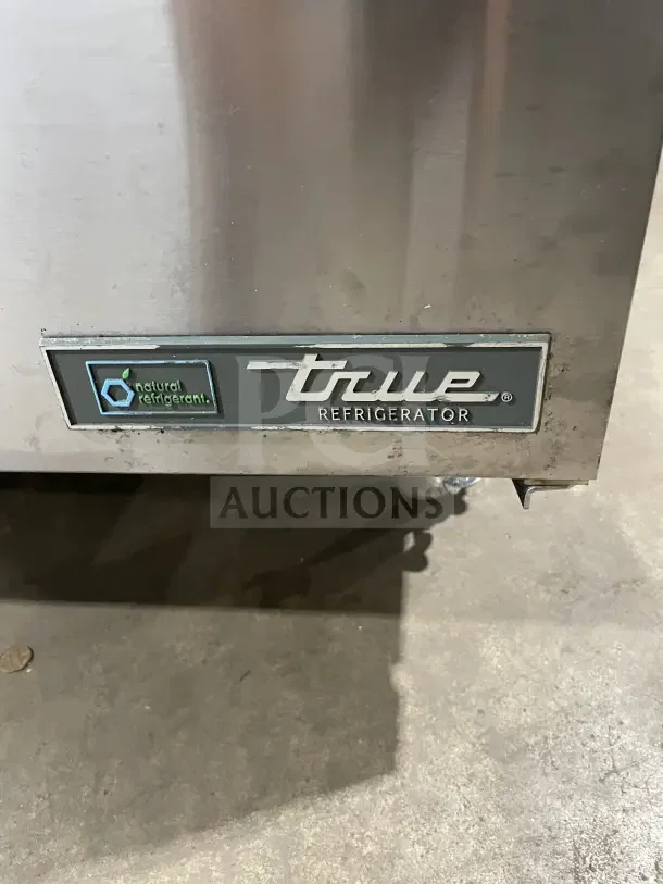 True Commercial Stainless Steel 3 Door Prep Table, Model SSU-72-08 S, features natural refrigerant label, used condition.