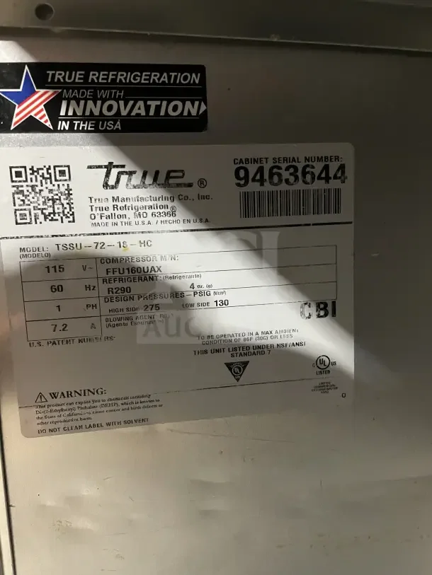 True Commercial Stainless Steel 3-Door Refrigerated Salad Prep Table, Model SSU-72-08 S, Serial 9463644, 115V, 1 Phase.
