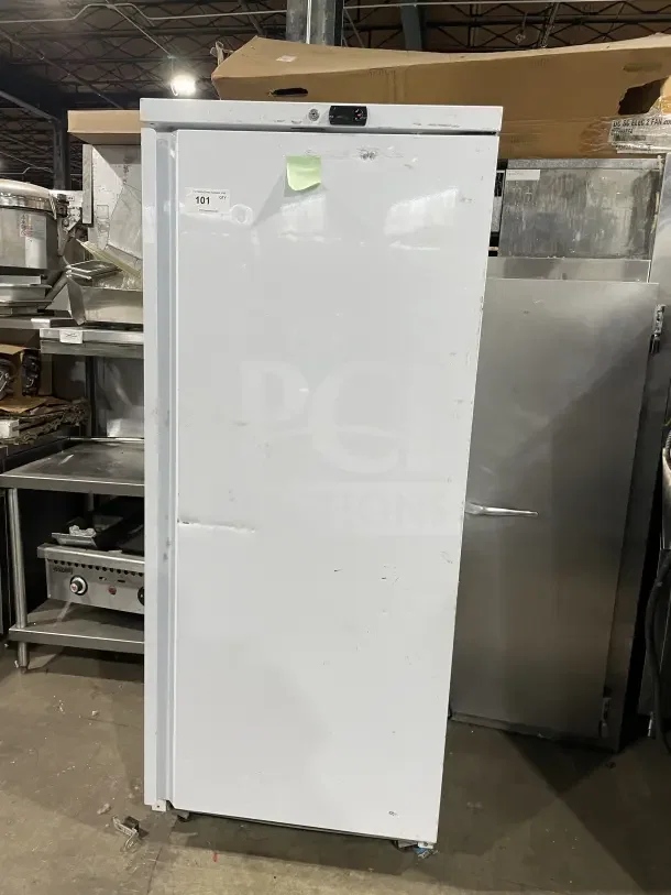 Galaxy Commercial Single Door Refrigerator, model 177GRI20RW, white, on casters, with poly coated wire rack, serial #ST2222755GRI20RW067.