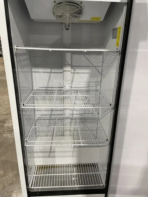Galaxy Commercial White Single Solid Door Refrigerator, Model 177GRI20RW, on casters, poly-coated wire racks, clean condition.