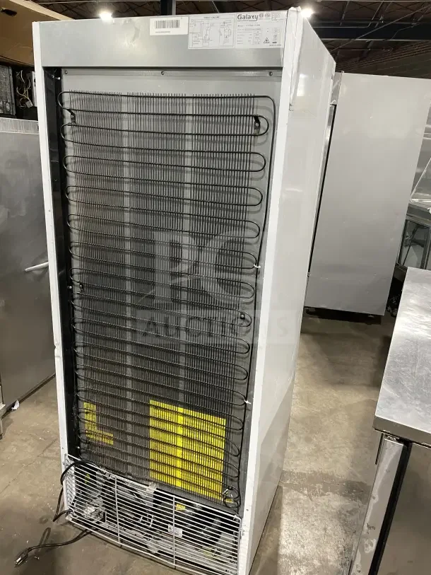 Galaxy Commercial White Single Solid Door Reach-In Refrigerator, Model 177GRI20RW, on casters, with poly-coated wire rack.