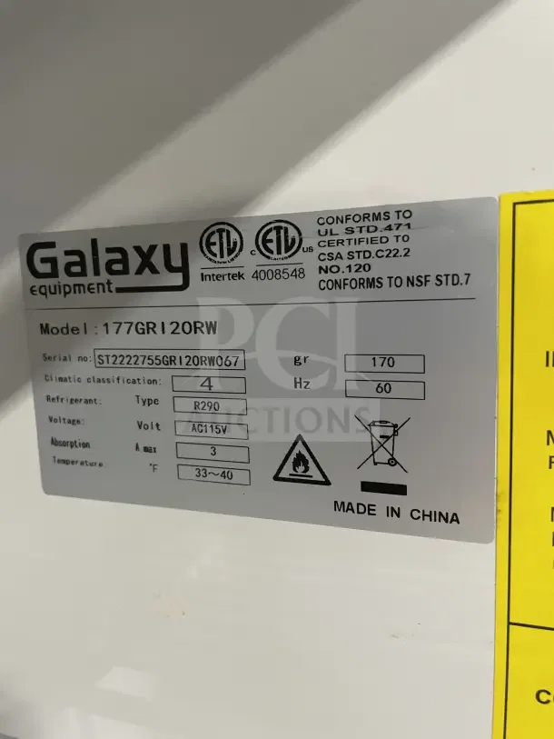 Galaxy Commercial White Single Solid Door Reach-In Refrigerator, Model 177GRI20RW on casters, with poly coated wire rack.