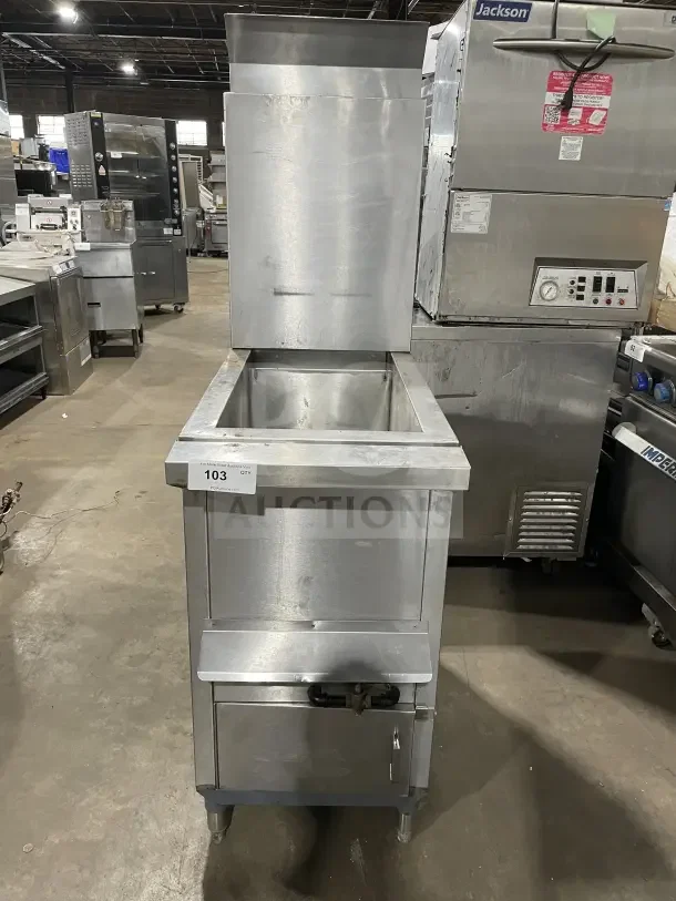 Commercial Solstice Supreme pasta cooker, stainless steel, with backsplash and legs, shown in used condition, item 103.