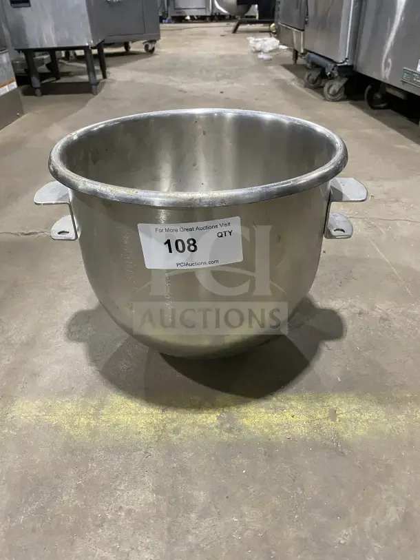 Commercial 30 Qt stainless steel planetary mixing bowl, used, with two side handles and auction label "108".