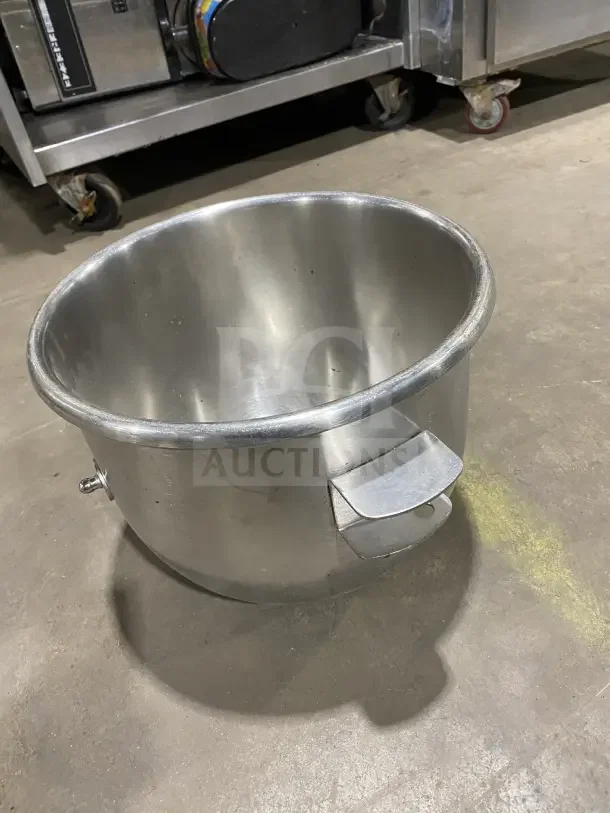 Commercial 30 Qt stainless steel planetary mixing bowl, durable condition, suitable for industrial mixers.