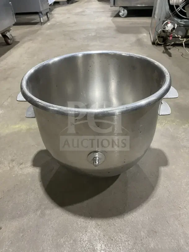 Commercial stainless steel 30 qt planetary mixing bowl, durable, with side handles, good condition, ideal for heavy-duty use.