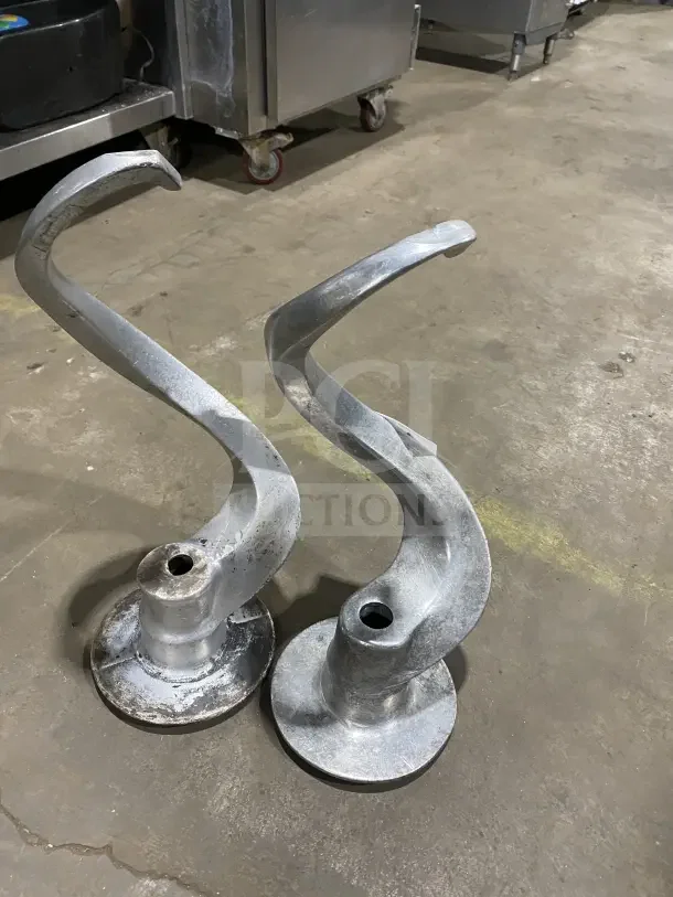 Commercial stainless steel spiral dough hooks for 60Qt planetary mixers, set of two, lightly used, durable construction.