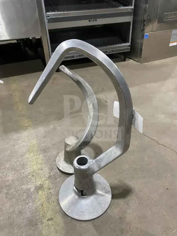 Commercial stainless steel spiral dough hooks, set of two, in good condition. Ideal for heavy-duty mixing.
