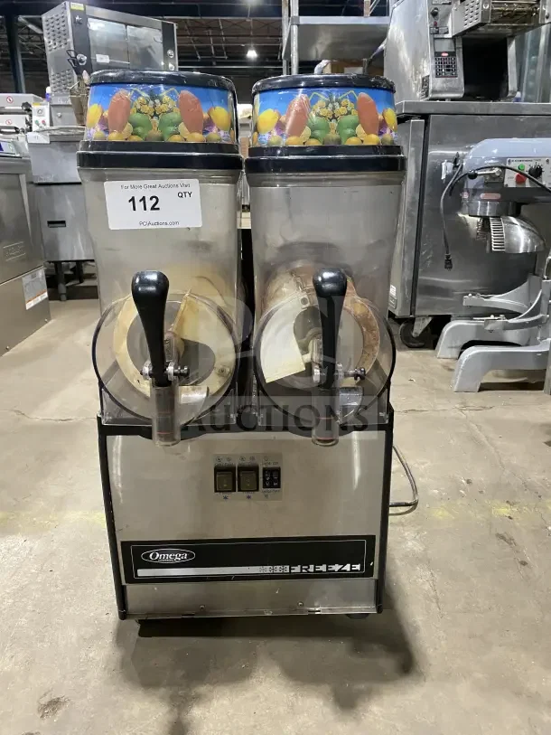 Omega OFS20 2-Flavor Slushie Dispenser, countertop model, 120V, features dual dispensers, Omega branding.