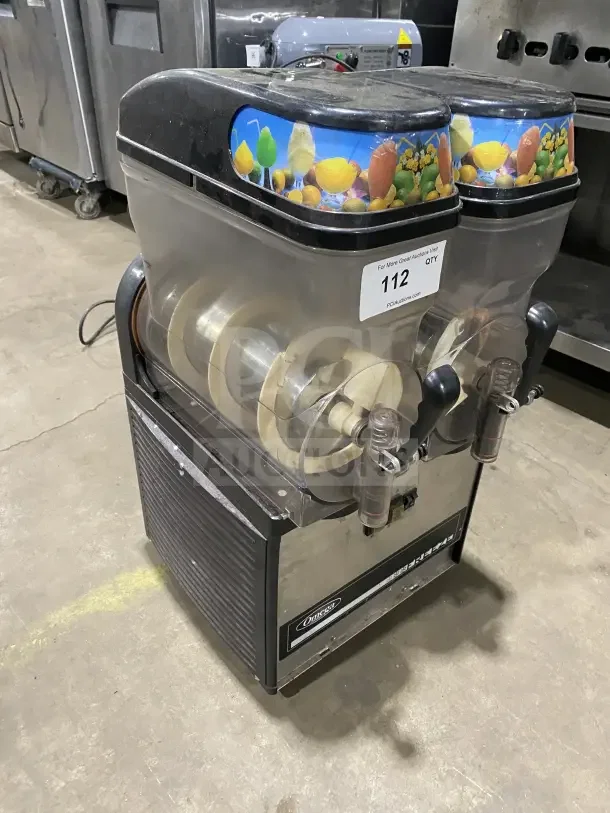Omega OFS20 commercial countertop slushie dispenser, 2-flavor capacity, 120V1 1 Phase, visible model and serial number.