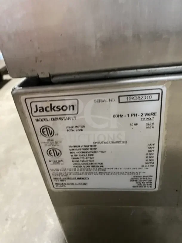 Jackson DISHSTARLT stainless steel undercounter dishwasher, model DISHSTARLT, serial 19K382310, Energy Star certified, 115V.