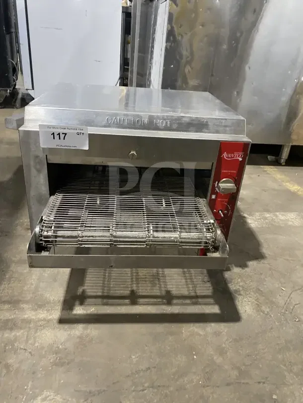 Avantco TT-P14-240 14" stainless steel electric conveyor pizza oven, used, features speed control, caution hot label.