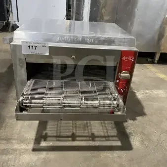 Avantco TT-P14-240 14" stainless steel electric conveyor pizza oven, used, features speed control, caution hot label.