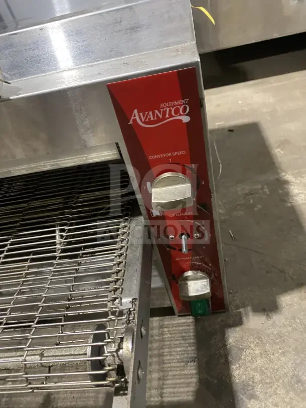 Avantco 14" stainless steel electric conveyor pizza oven, model TTP14240, featuring control dials and a conveyor belt.