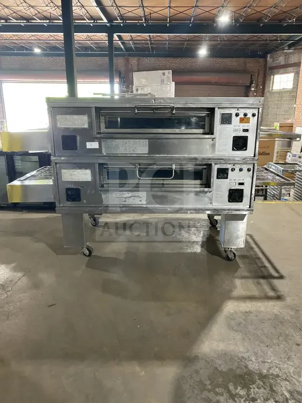 Middleby Marshall PS570S stainless steel double deck conveyor pizza oven, natural gas, model PS570S, on casters.