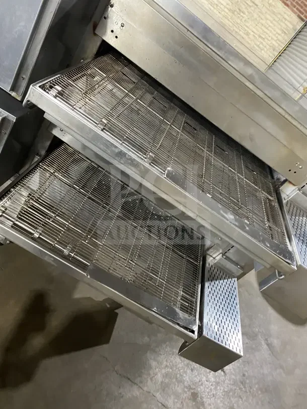 Middleby Marshall PS570S commercial double deck conveyor pizza oven, stainless steel, natural gas, on casters, used condition.
