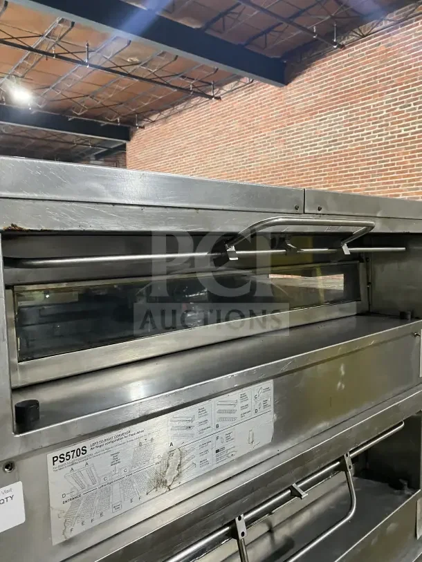 Middleby Marshall PS570S double deck conveyor pizza oven, stainless steel, natural gas, model PS570S, on casters, visible labels.