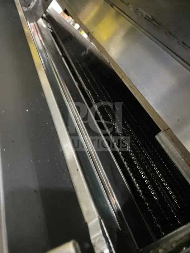 Middleby Marshall PS570S double deck conveyor pizza oven, stainless steel, natural gas, on casters, interior view.