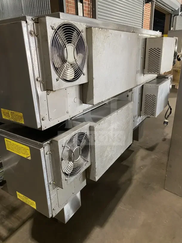 Middleby Marshall PS570S double deck conveyor pizza oven, stainless steel, natural gas, 208/240V, on casters.
